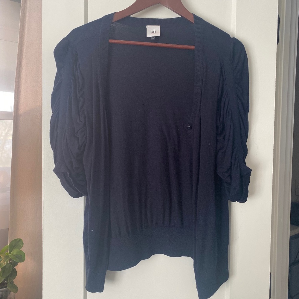 CAbi Navy Blue Puff Ruched Sleeve Cardigan